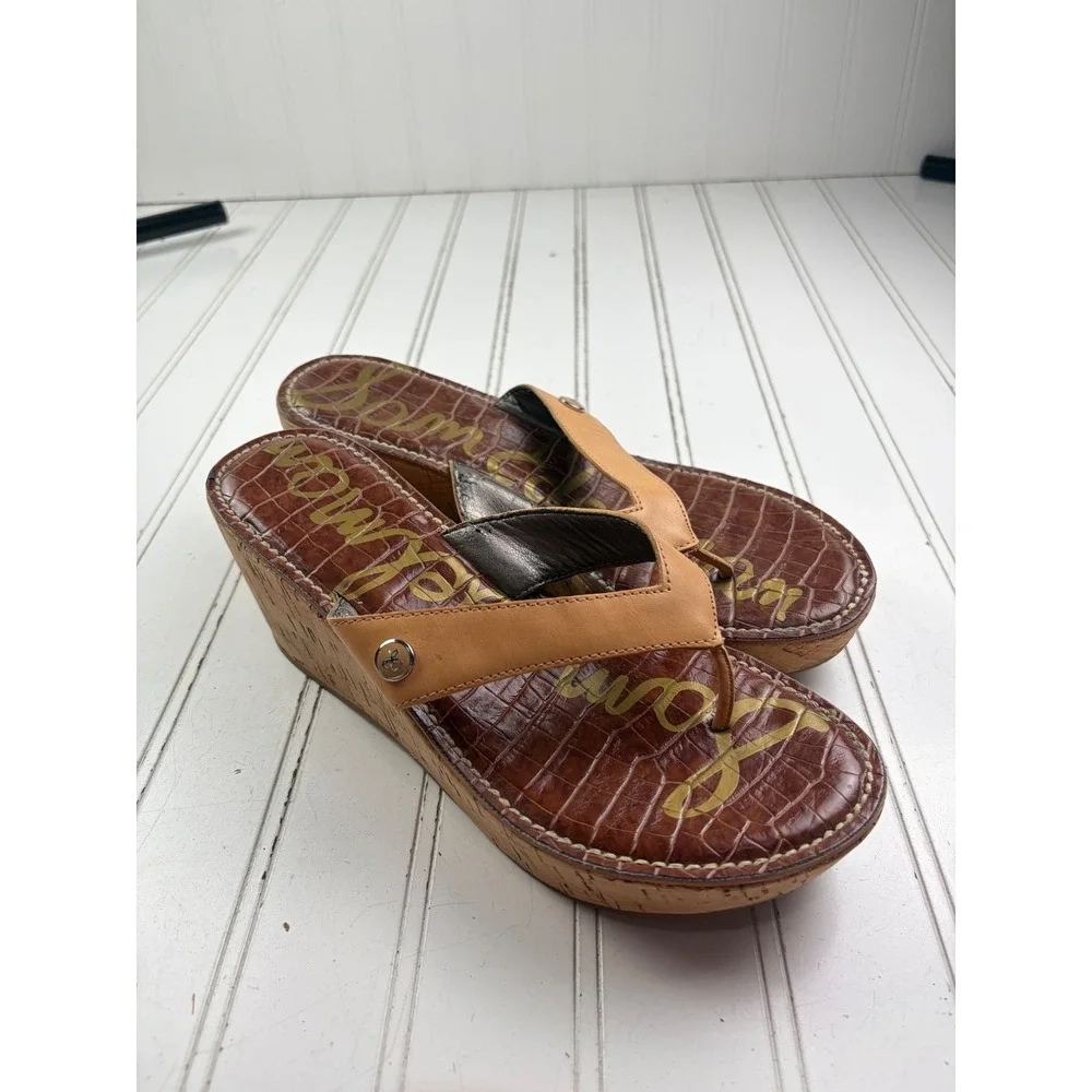Sam Edelman Tan Leather Cork Romy Wedge Thong Platform Sandals Women's Size 7.5